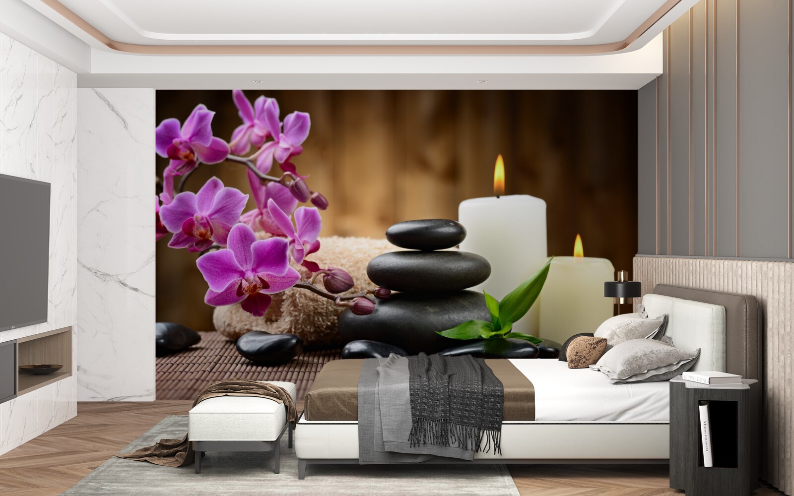 Papier peint orchidée entourée de bougies et de pierres