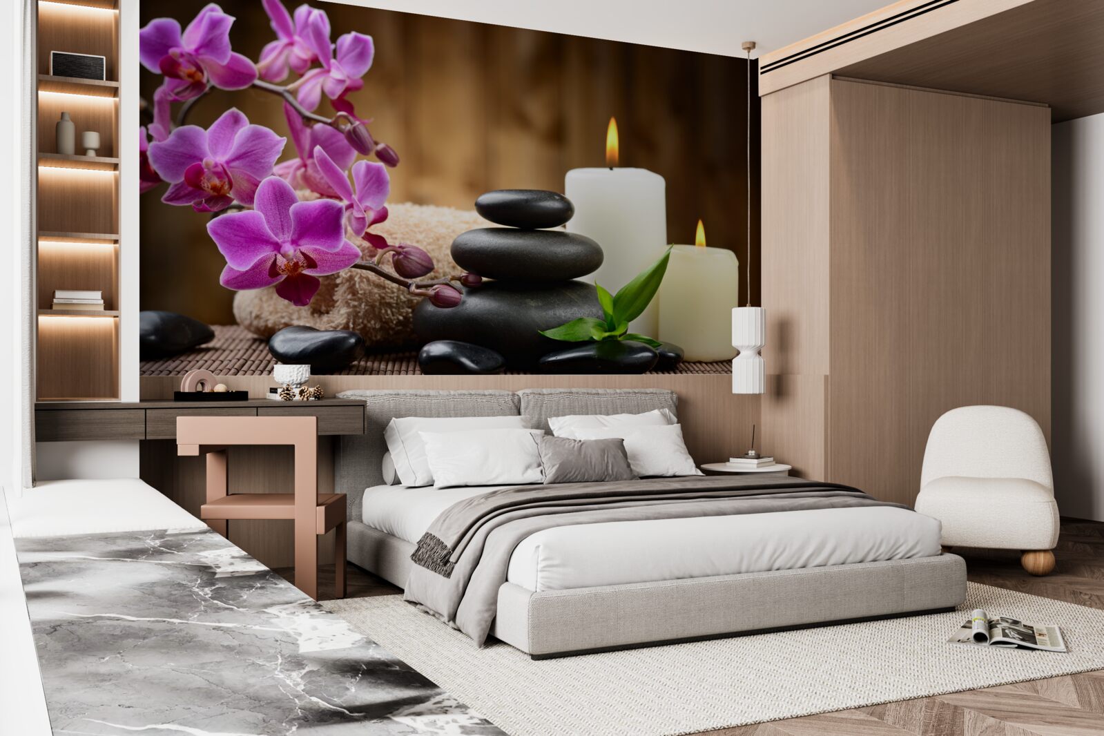 Papier peint orchidée entourée de bougies et de pierres