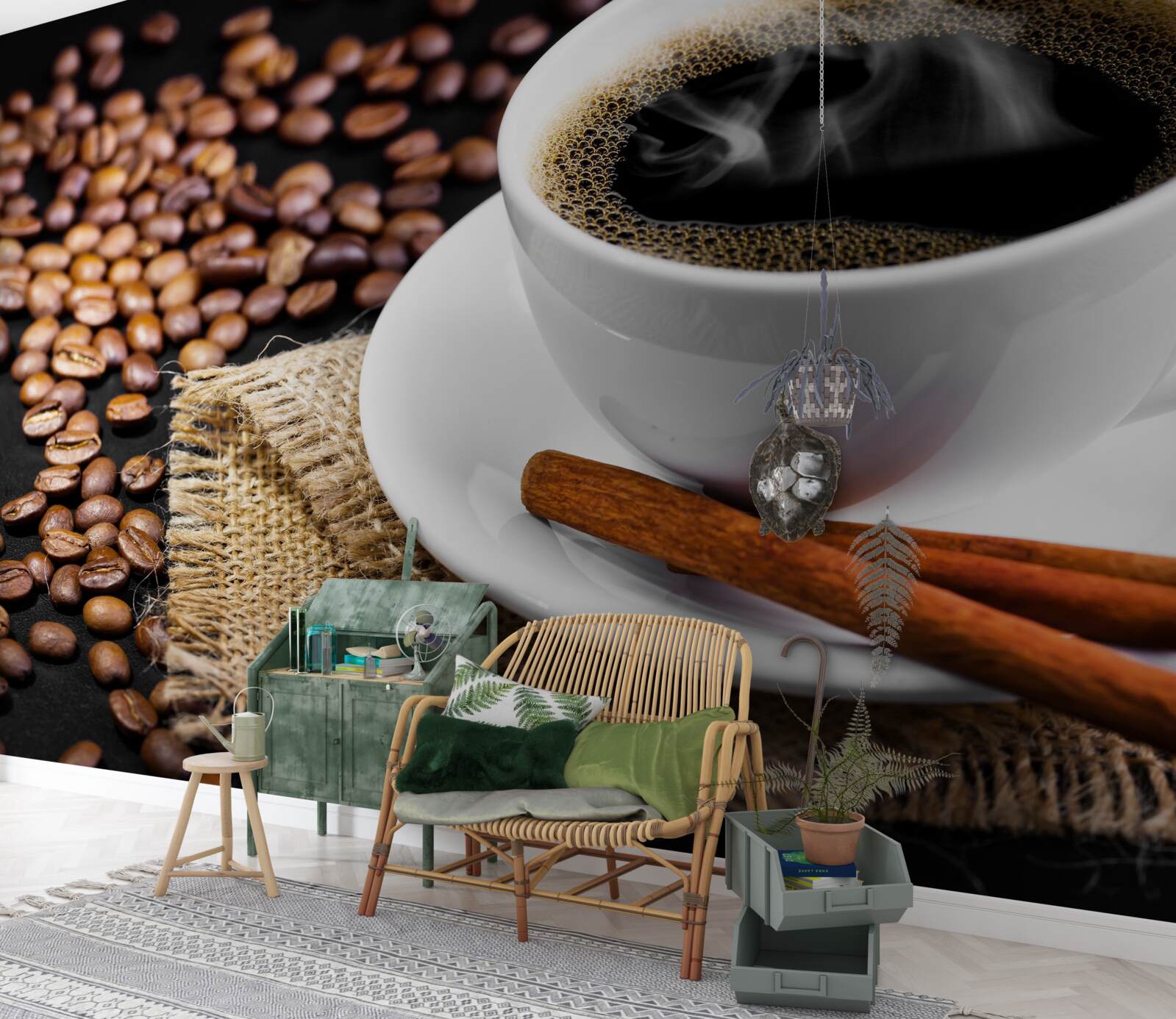 Papier peint tasse de café avec des brins de cannelle