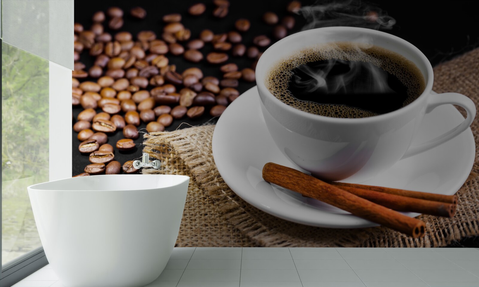 Papier peint tasse de café avec des brins de cannelle