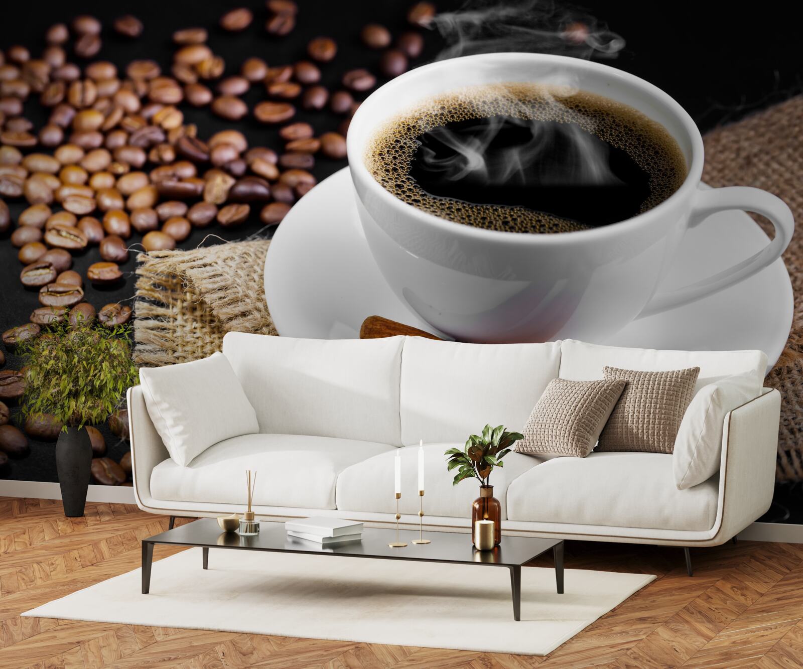 Papier peint tasse de café avec des brins de cannelle