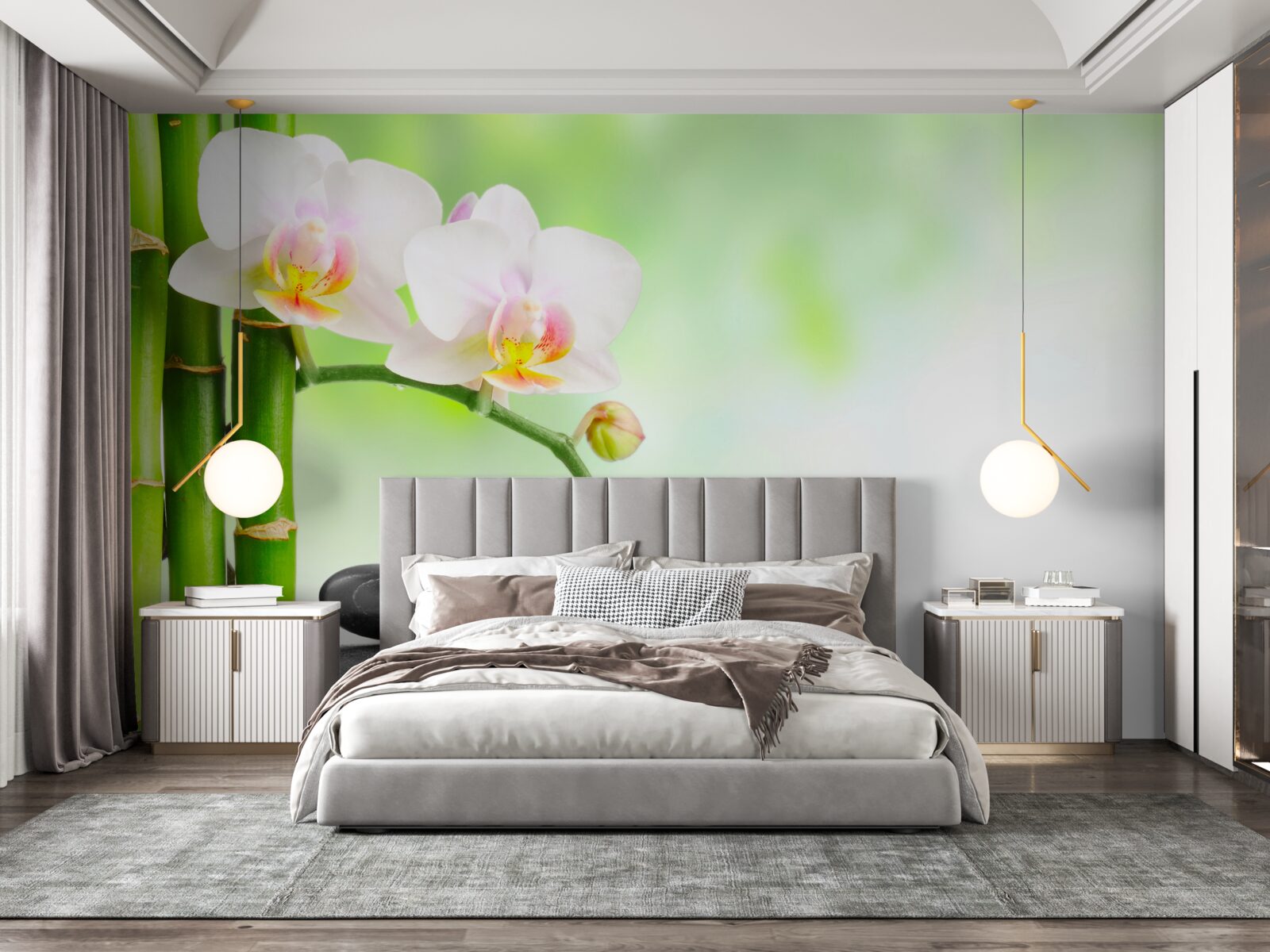 Papier peint orchidée blanche, pierres et bambou