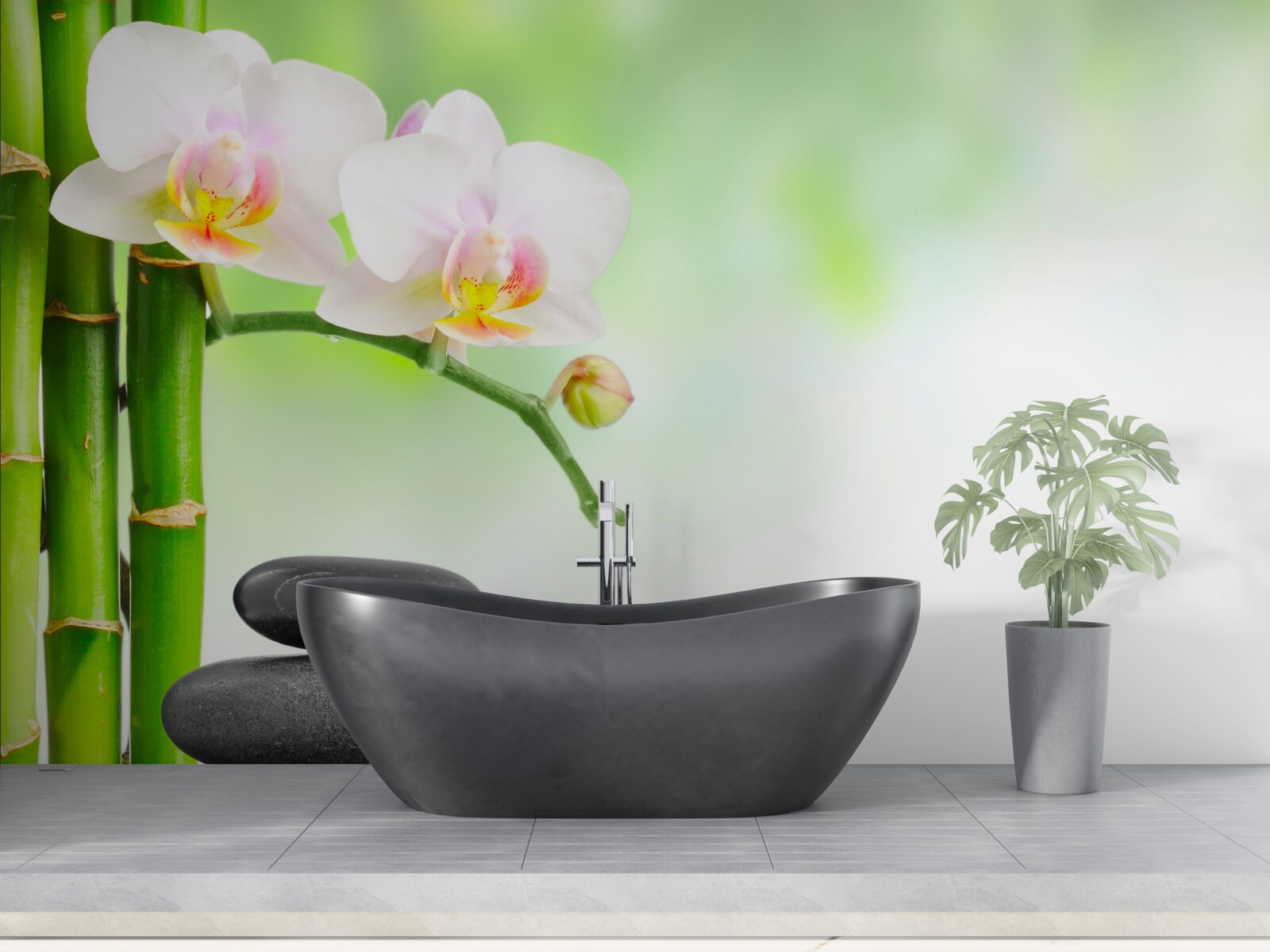 Papier peint orchidée blanche, pierres et bambou