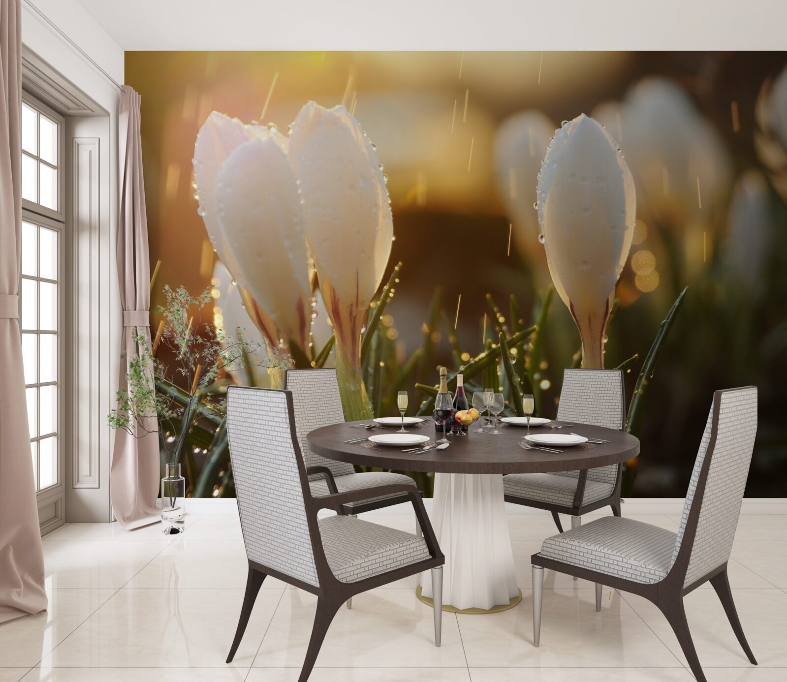 Papier peint des fleurs à la rosée blanche comme neige