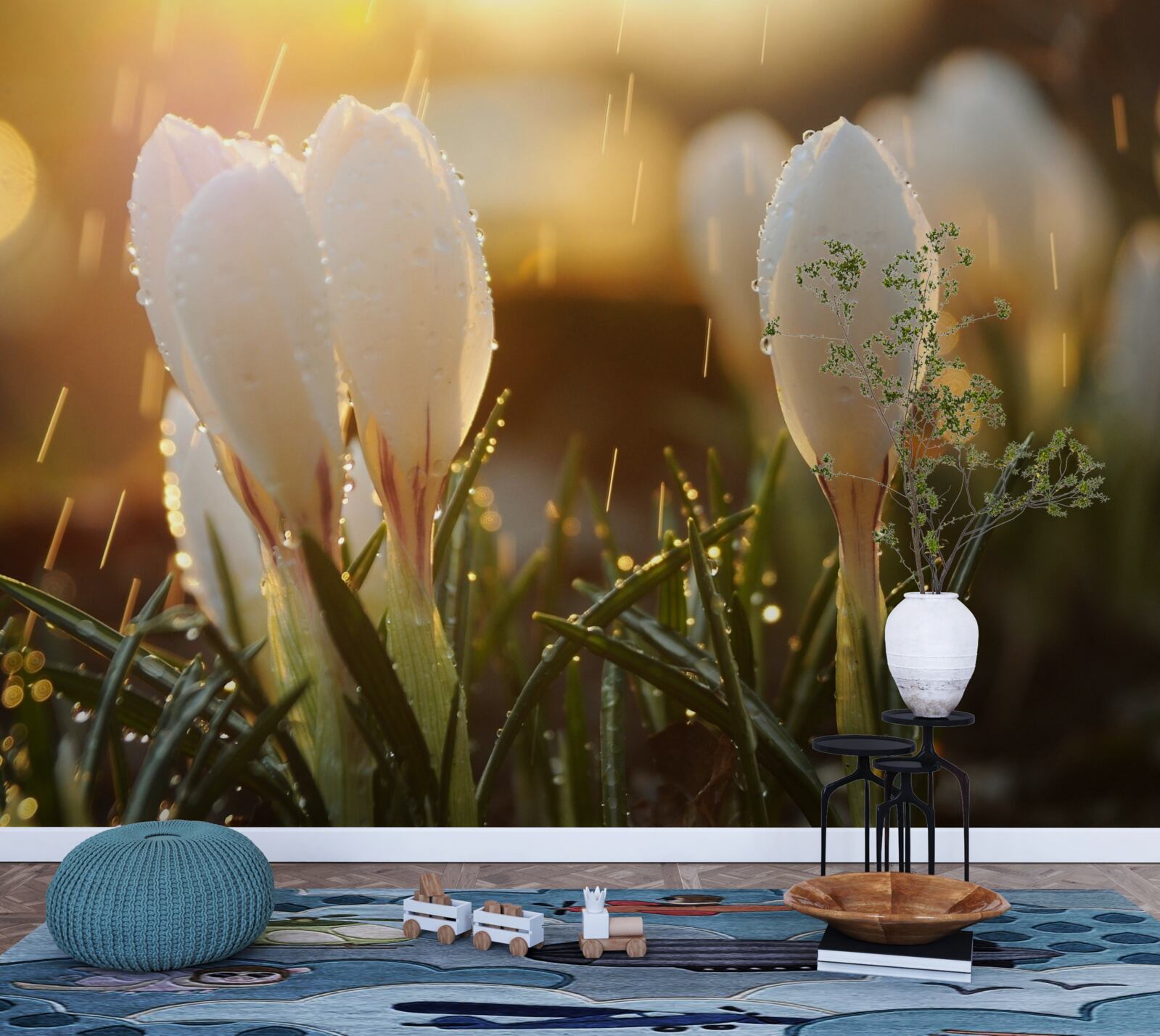 Papier peint des fleurs à la rosée blanche comme neige