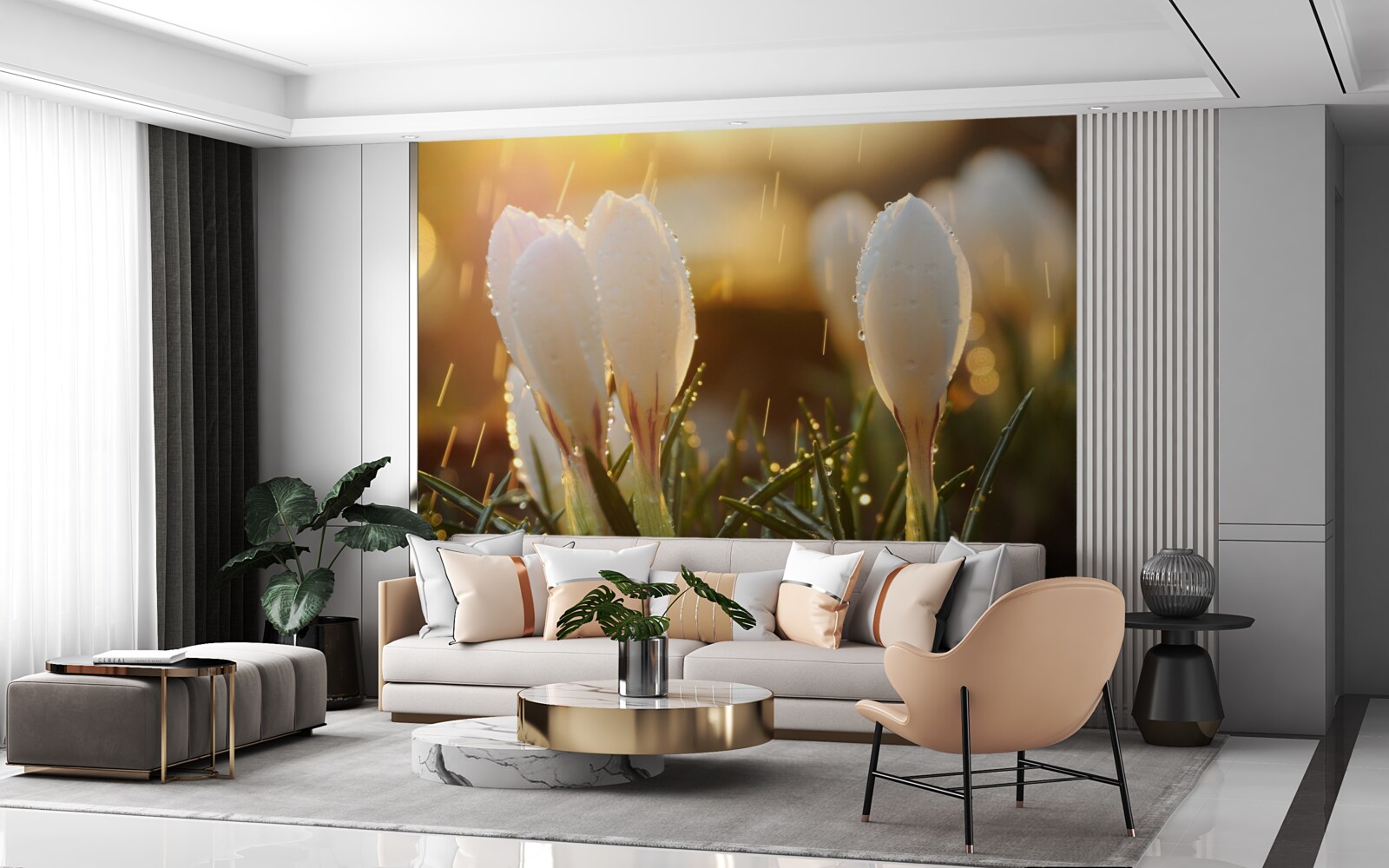 Papier peint des fleurs à la rosée blanche comme neige