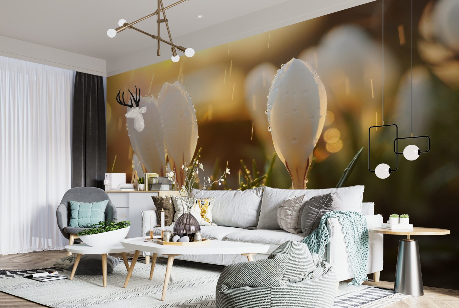 Papier peint des fleurs à la rosée blanche comme neige