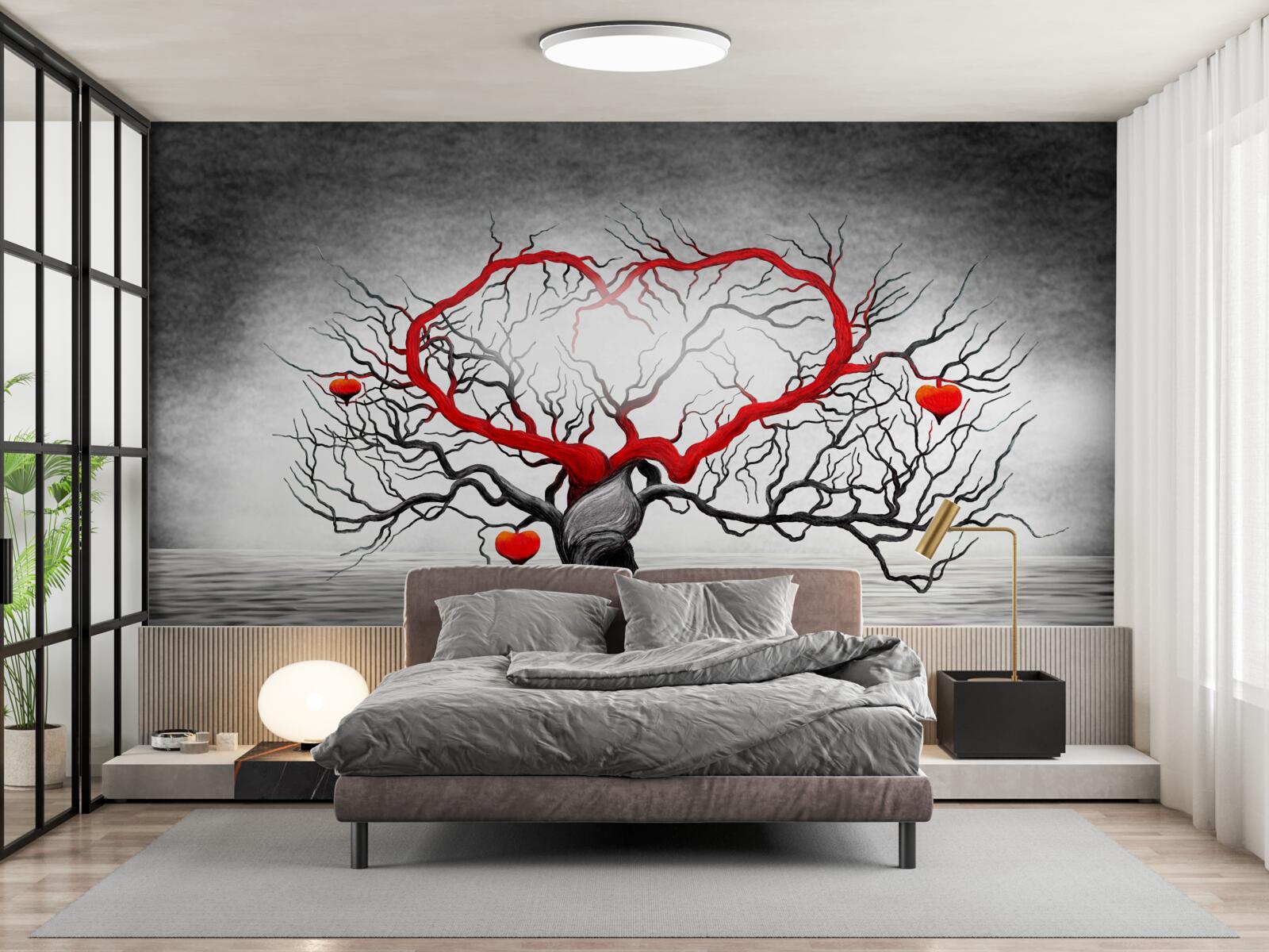 Papier peint grand cœur rouge et ébène