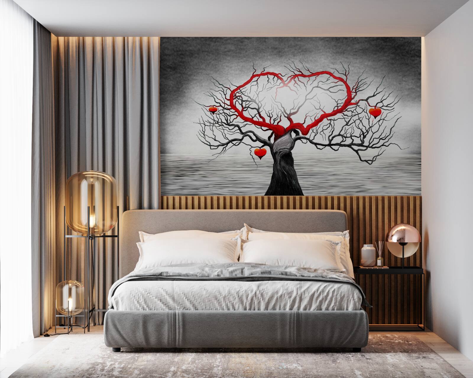 Papier peint grand cœur rouge et ébène