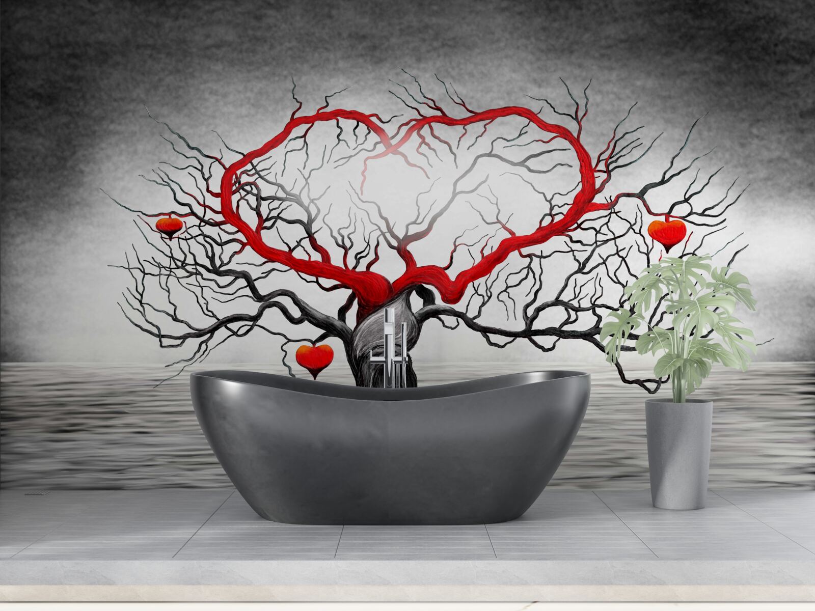 Papier peint grand cœur rouge et ébène