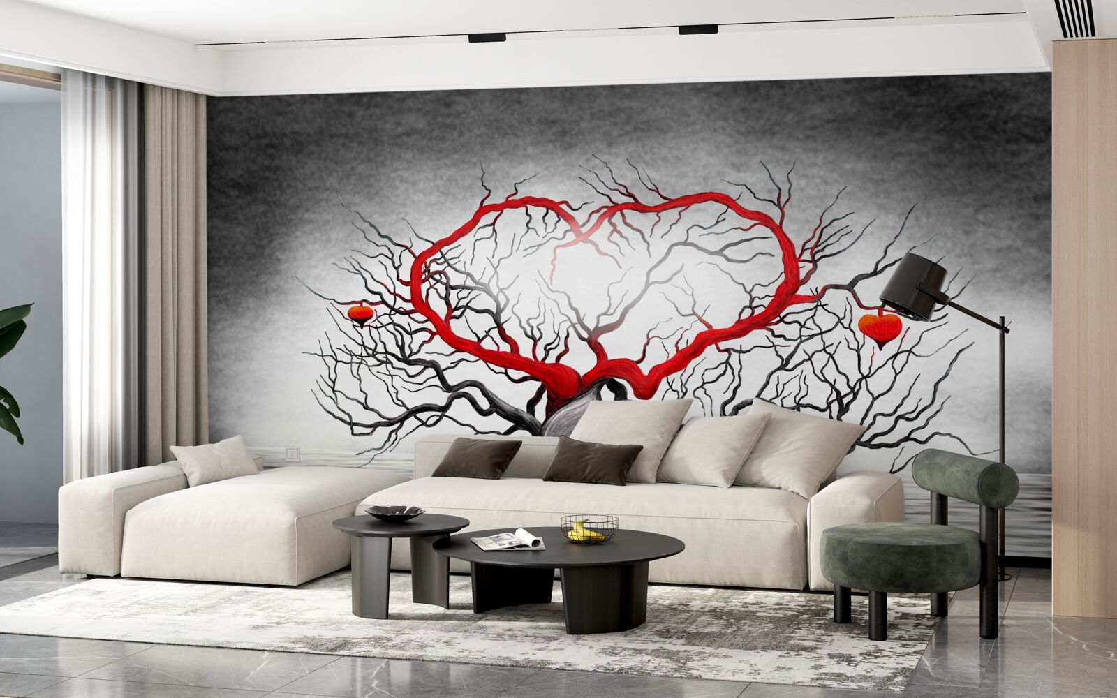 Papier peint grand cœur rouge et ébène