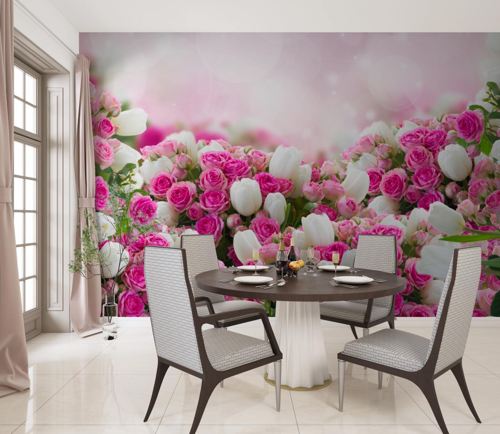 Papier peint roses roses et tulipes blanches