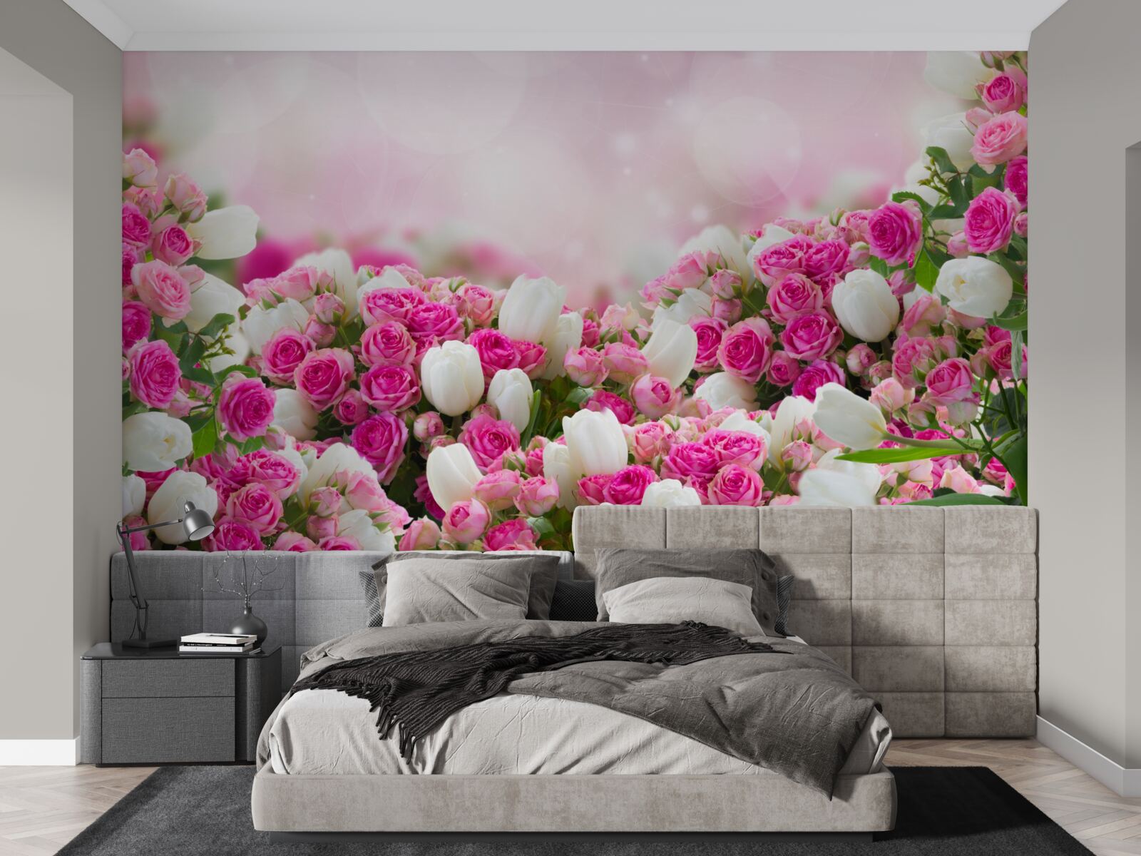 Papier peint roses roses et tulipes blanches