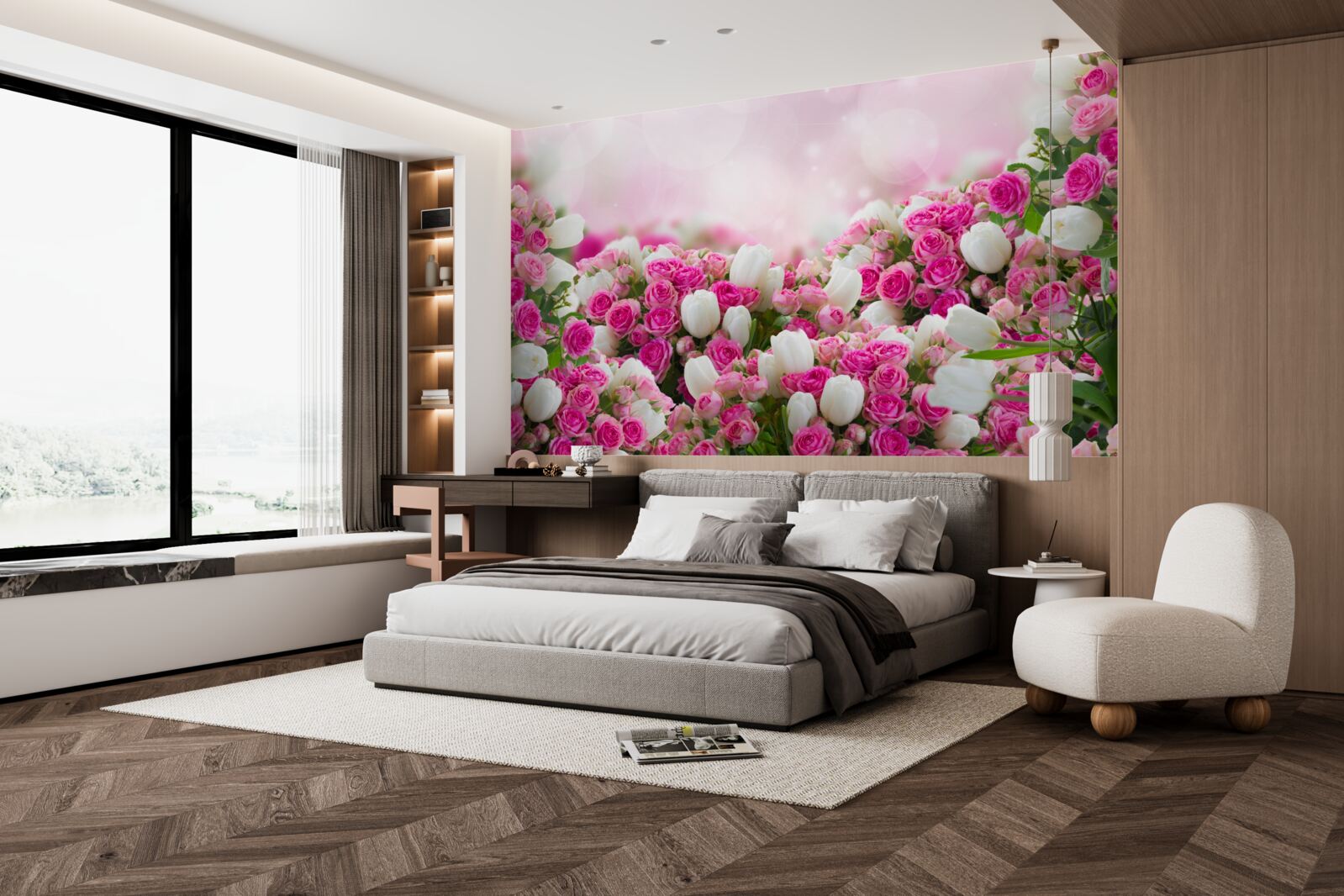 Papier peint roses roses et tulipes blanches