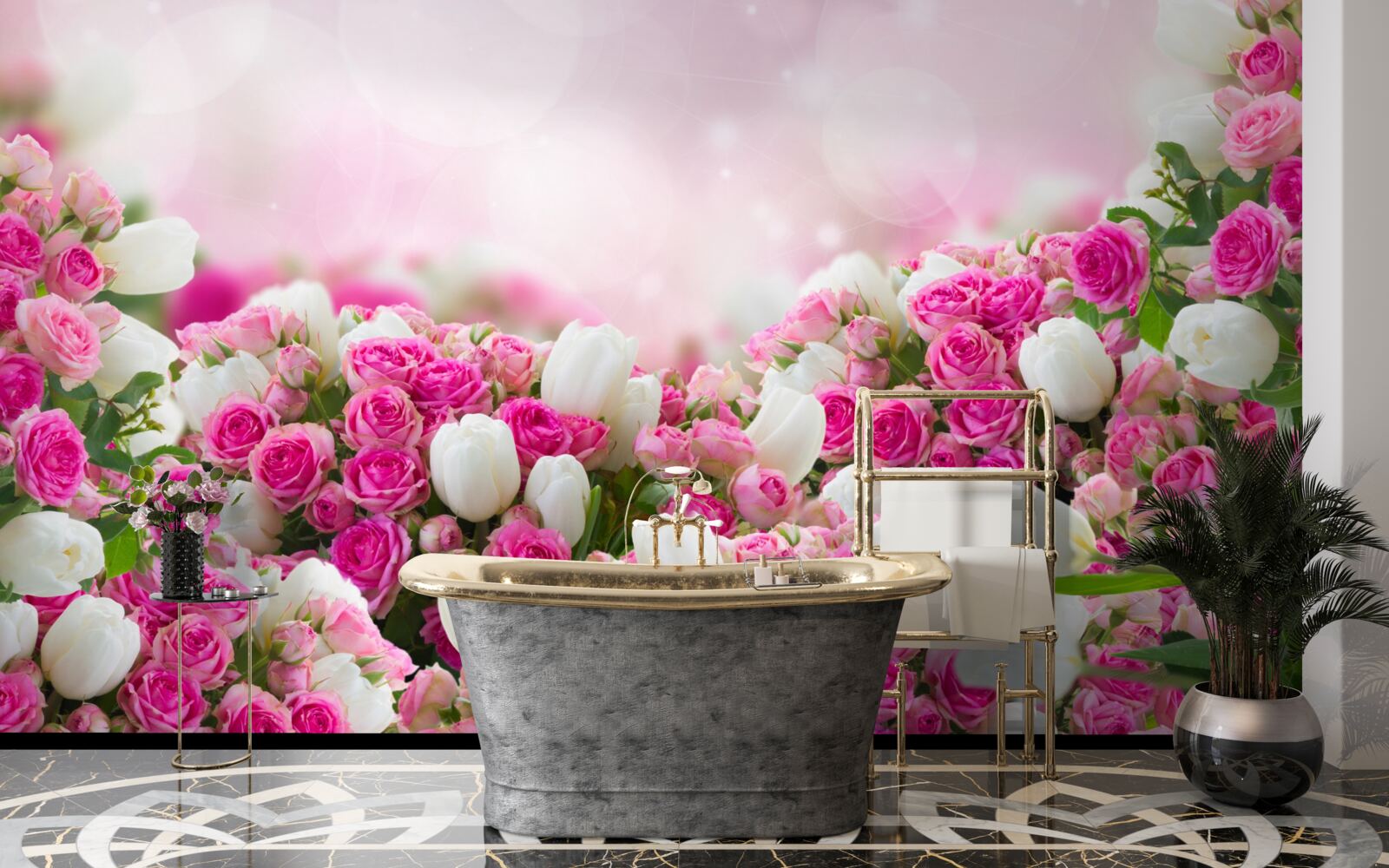 Papier peint roses roses et tulipes blanches