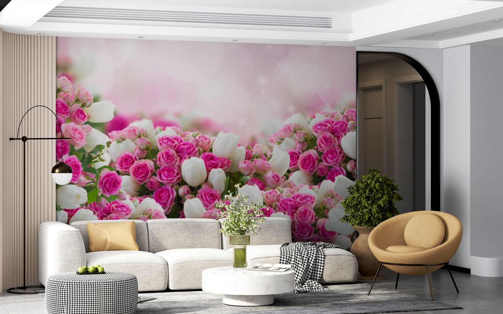 Papier peint roses roses et tulipes blanches