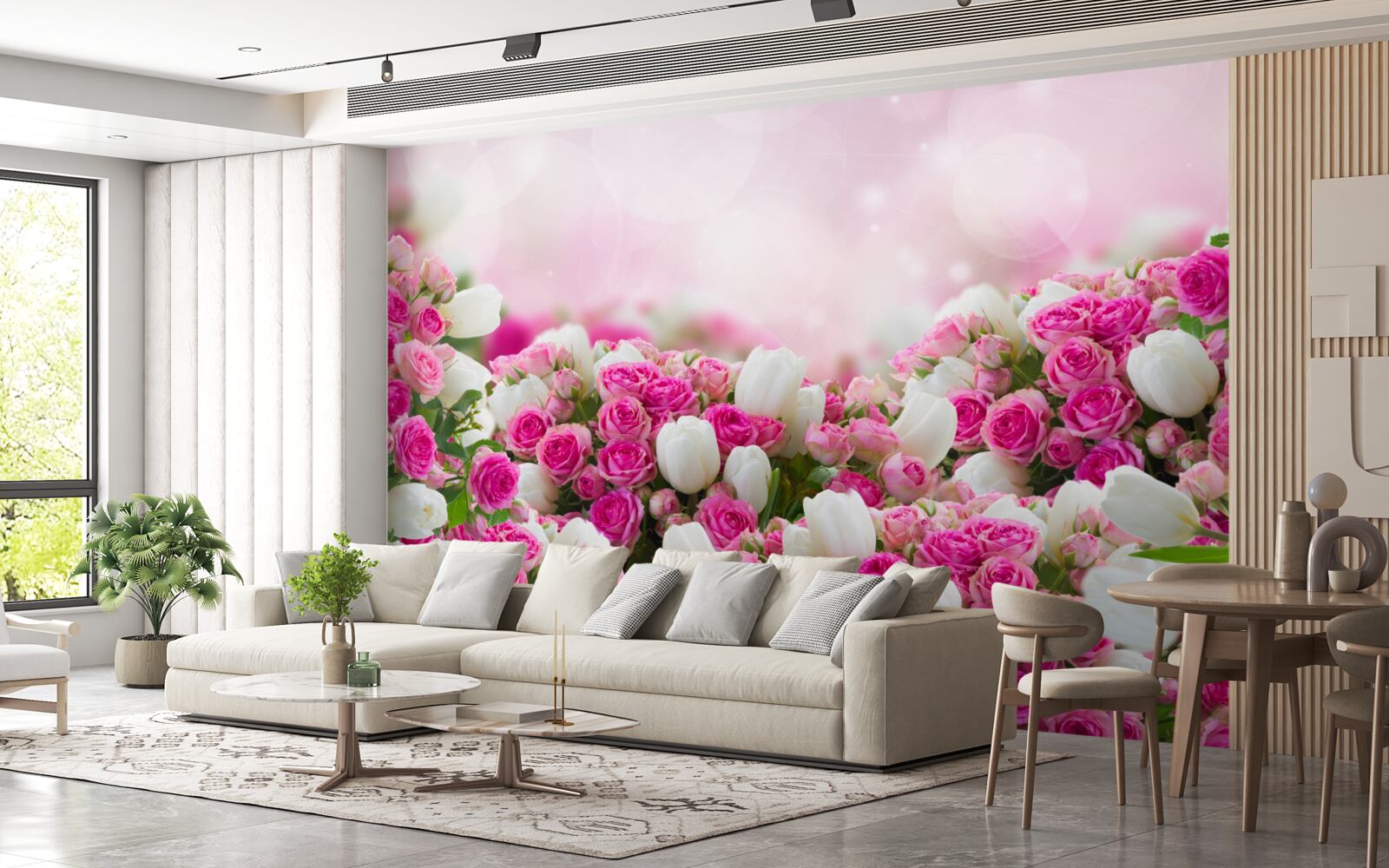 Papier peint roses roses et tulipes blanches