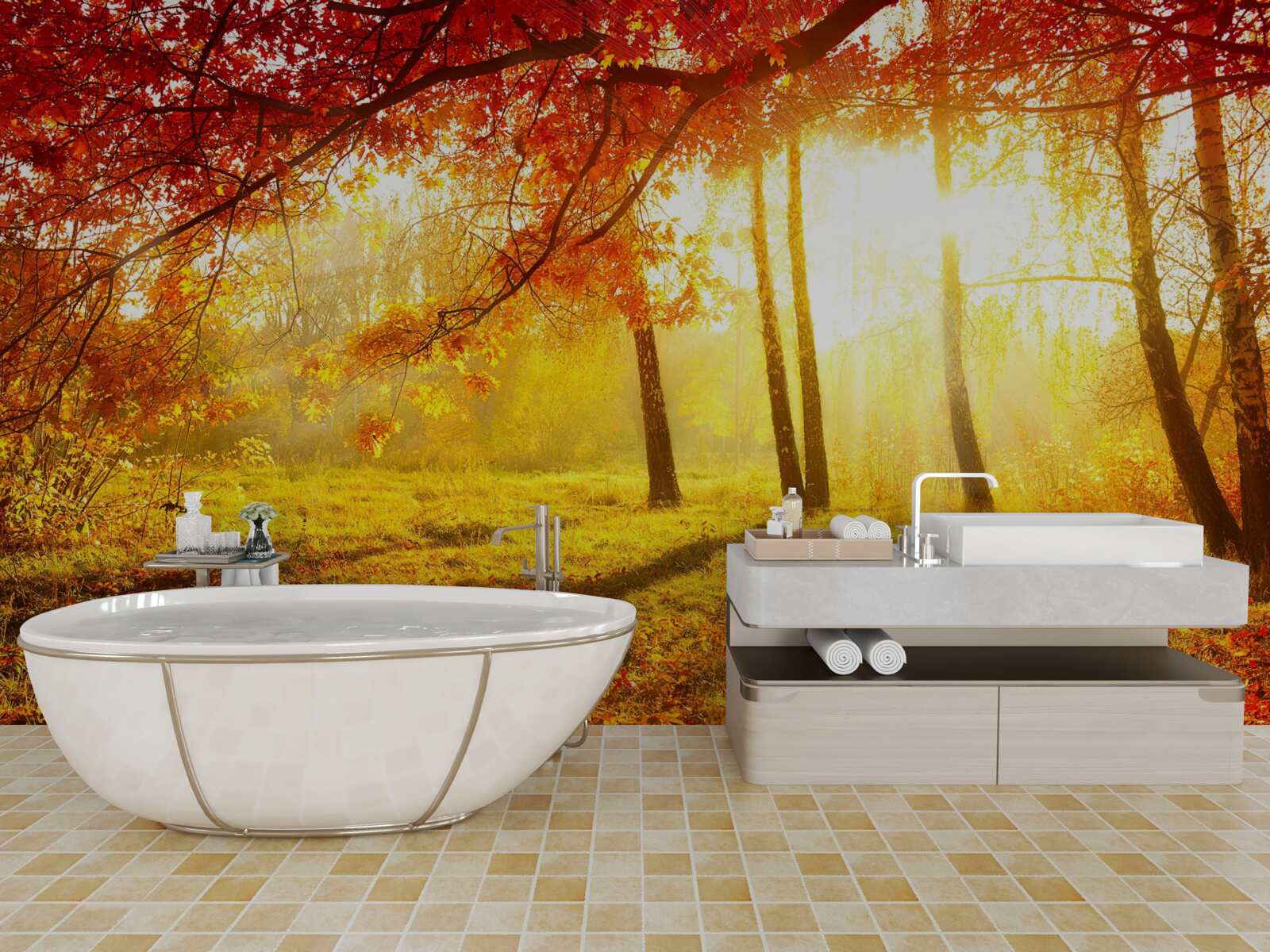 Papier peint de froids rayons de soleil percent la brume d'automne