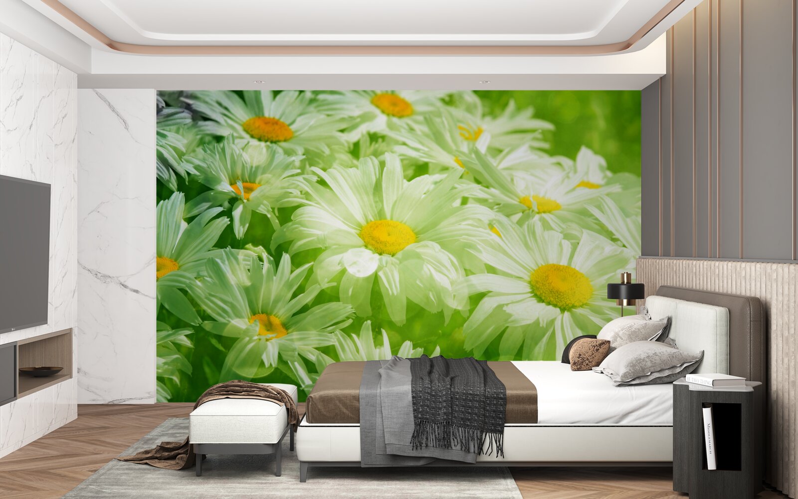 Papier peint des marguerites douces parmi la verdure