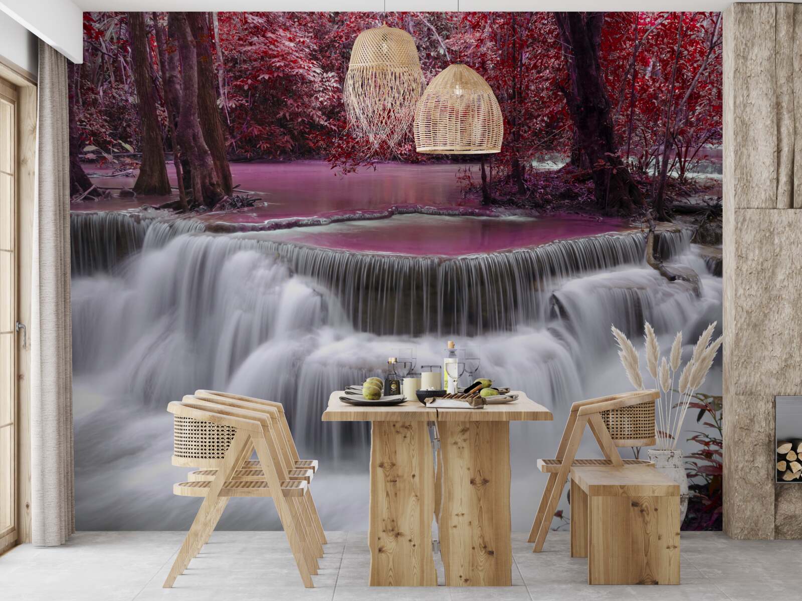 Papier peint chute d'eau automnale dans la forêt en couleurs rouges