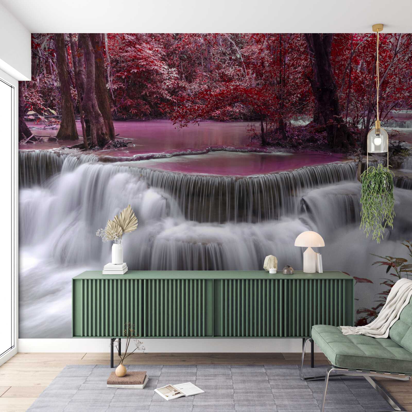 Papier peint chute d'eau automnale dans la forêt en couleurs rouges