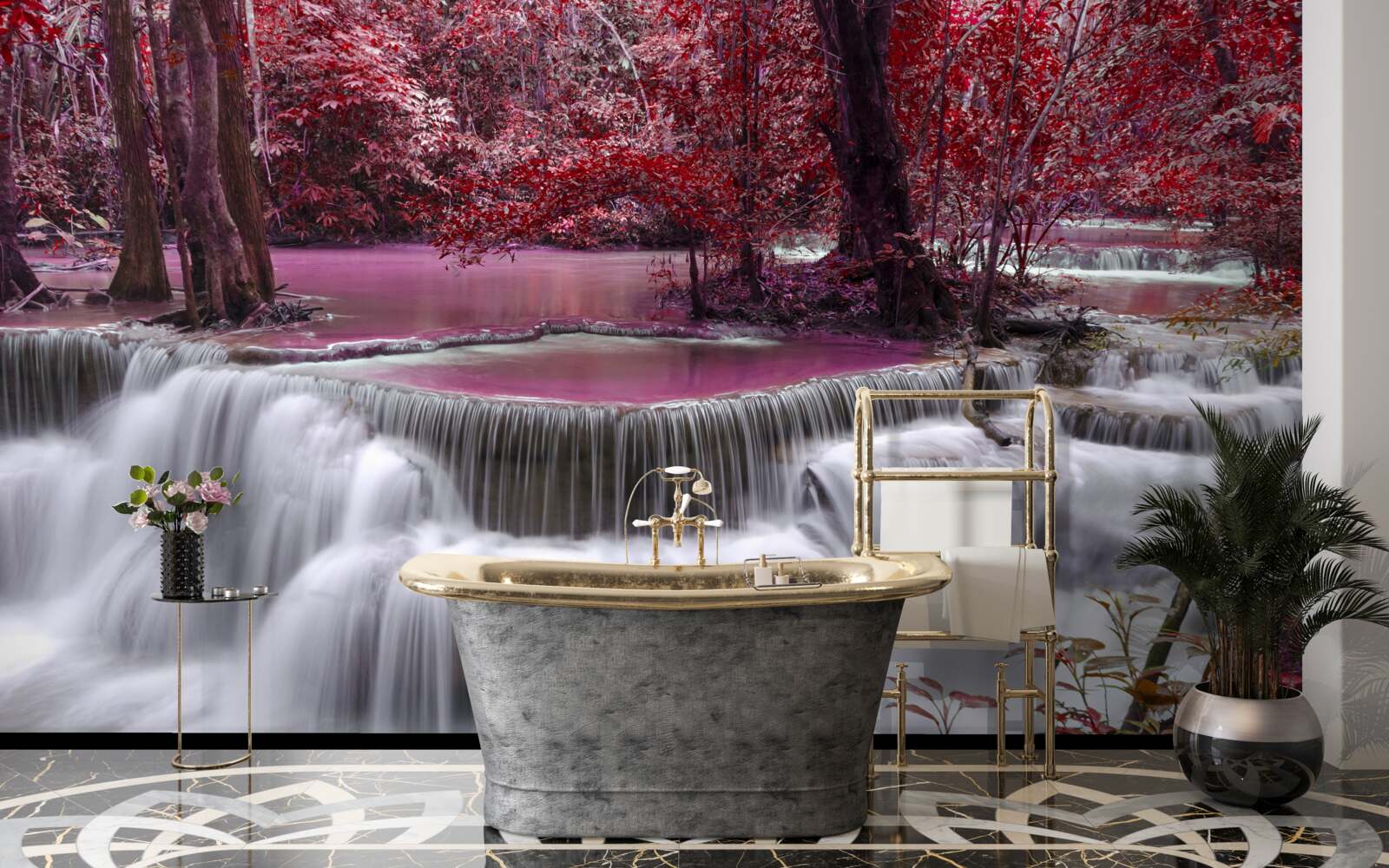 Papier peint chute d'eau automnale dans la forêt en couleurs rouges