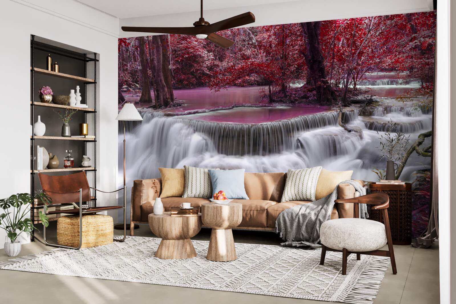 Papier peint chute d'eau automnale dans la forêt en couleurs rouges