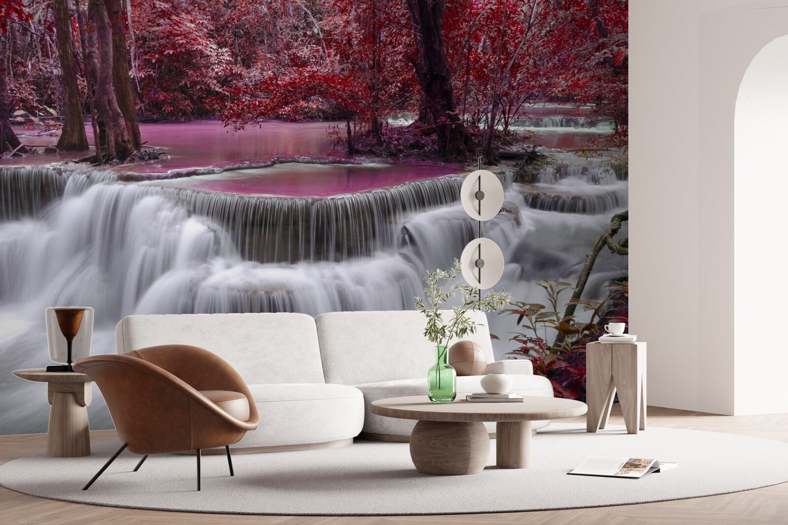 Papier peint chute d'eau automnale dans la forêt en couleurs rouges