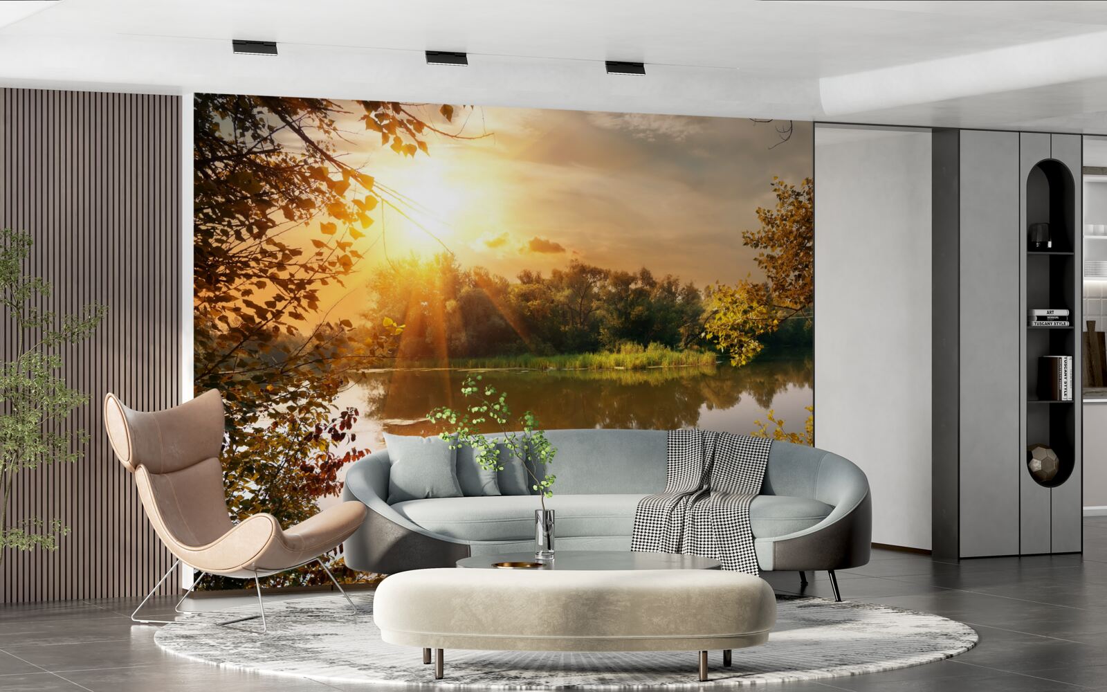 Papier peint soleil sur un lac où nage un cygne