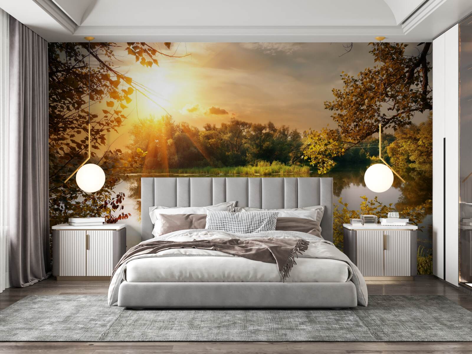 Papier peint soleil sur un lac où nage un cygne