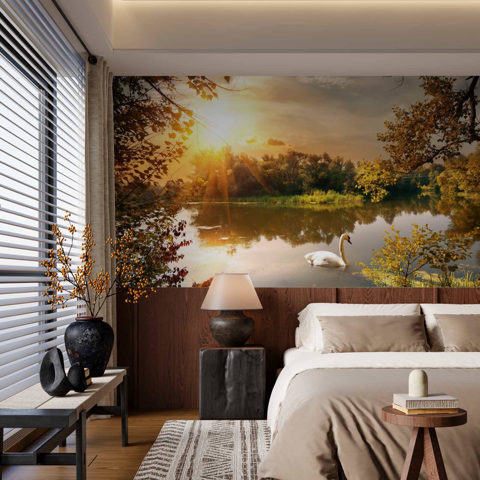 Papier peint soleil sur un lac où nage un cygne