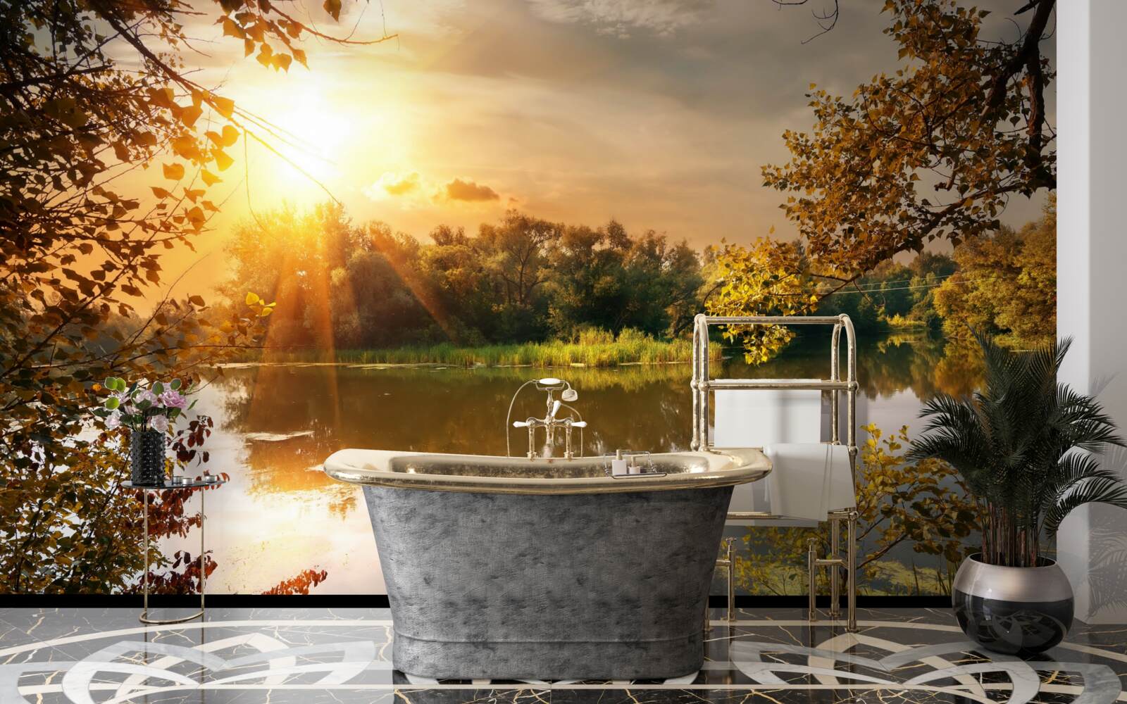 Papier peint soleil sur un lac où nage un cygne