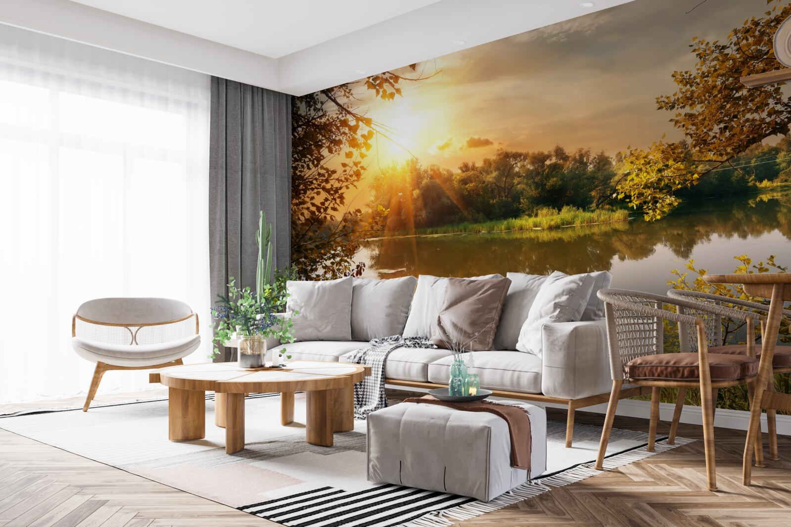 Papier peint soleil sur un lac où nage un cygne