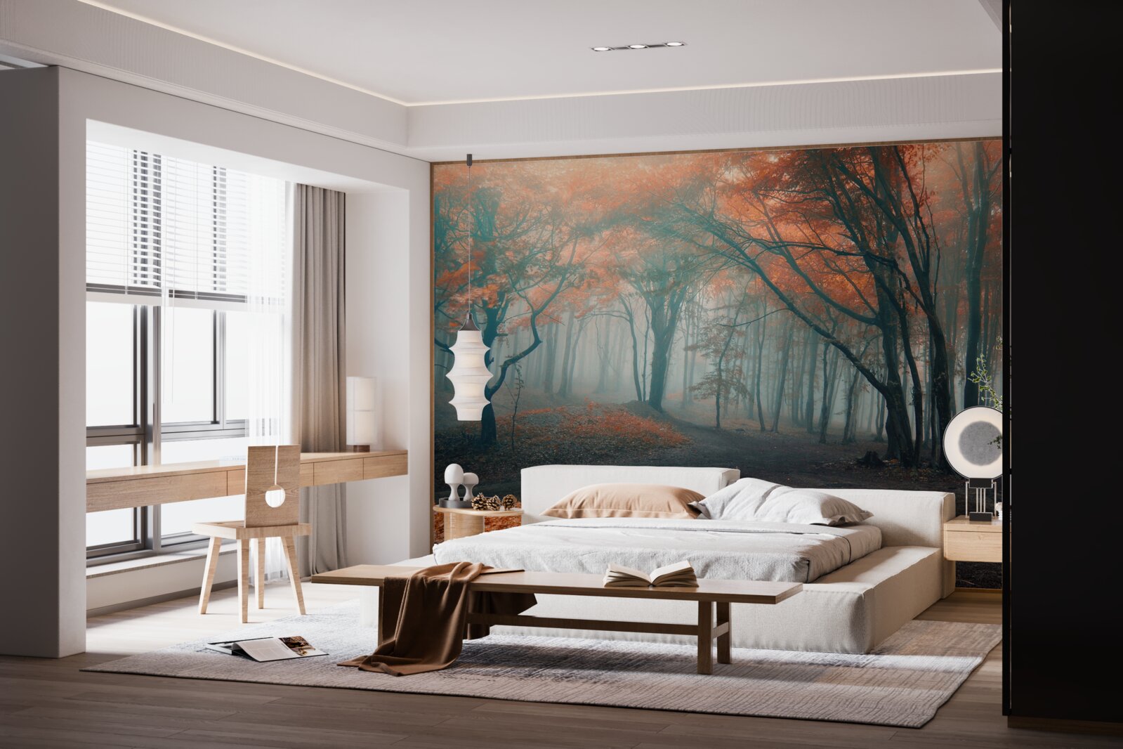 Papier peint Un sentier dans une forêt d'automne enveloppée de brume