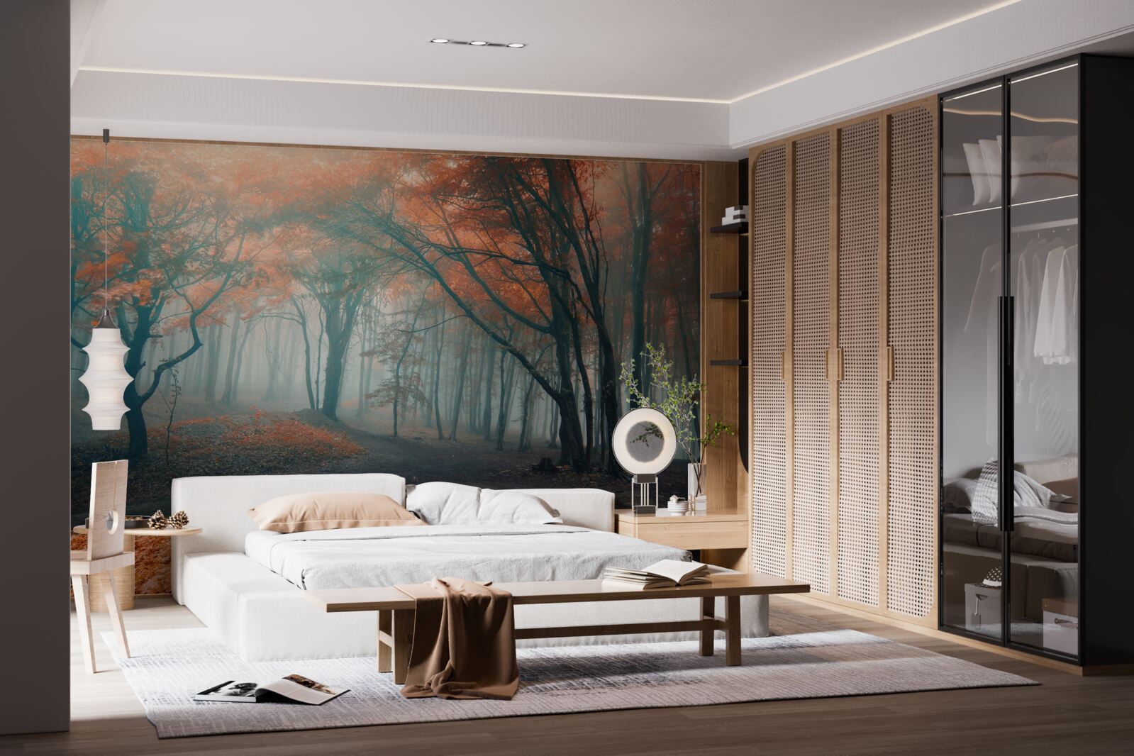 Papier peint Un sentier dans une forêt d'automne enveloppée de brume