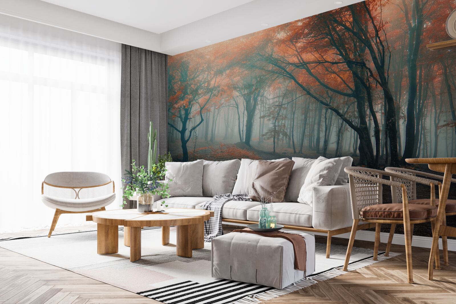 Papier peint Un sentier dans une forêt d'automne enveloppée de brume