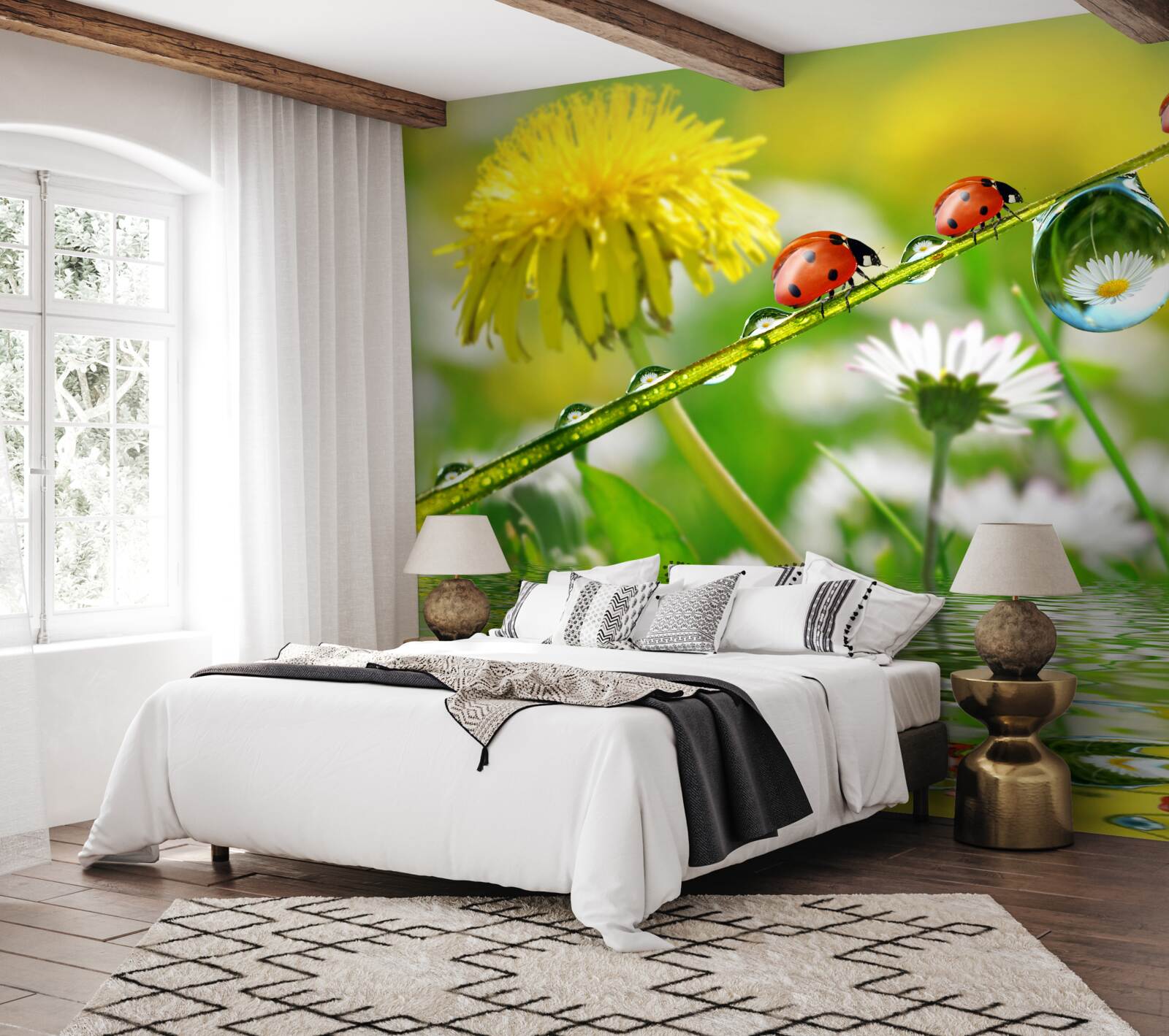 Papier peint coccinelle et pissenlit après l'orage