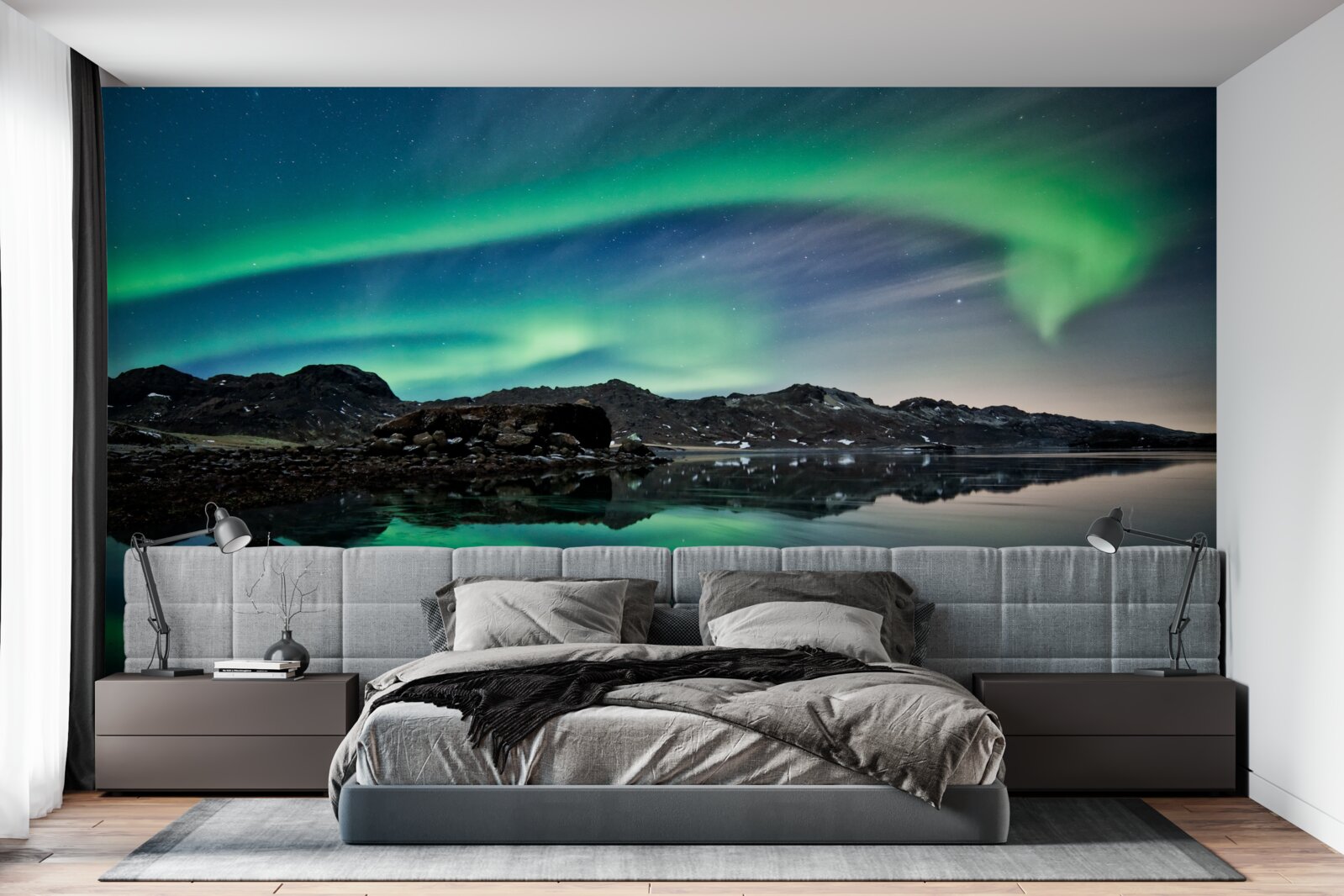 Papier peint lac dans l'aurore boréale