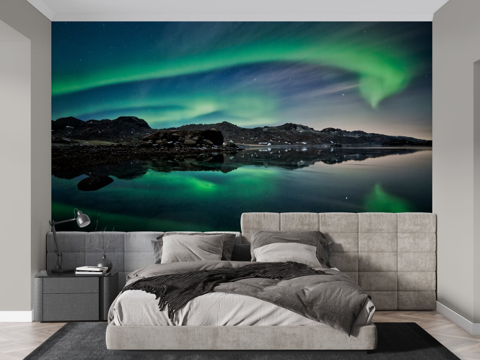 Papier peint lac dans l'aurore boréale