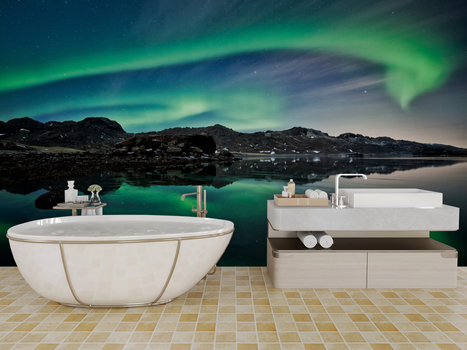 Papier peint lac dans l'aurore boréale