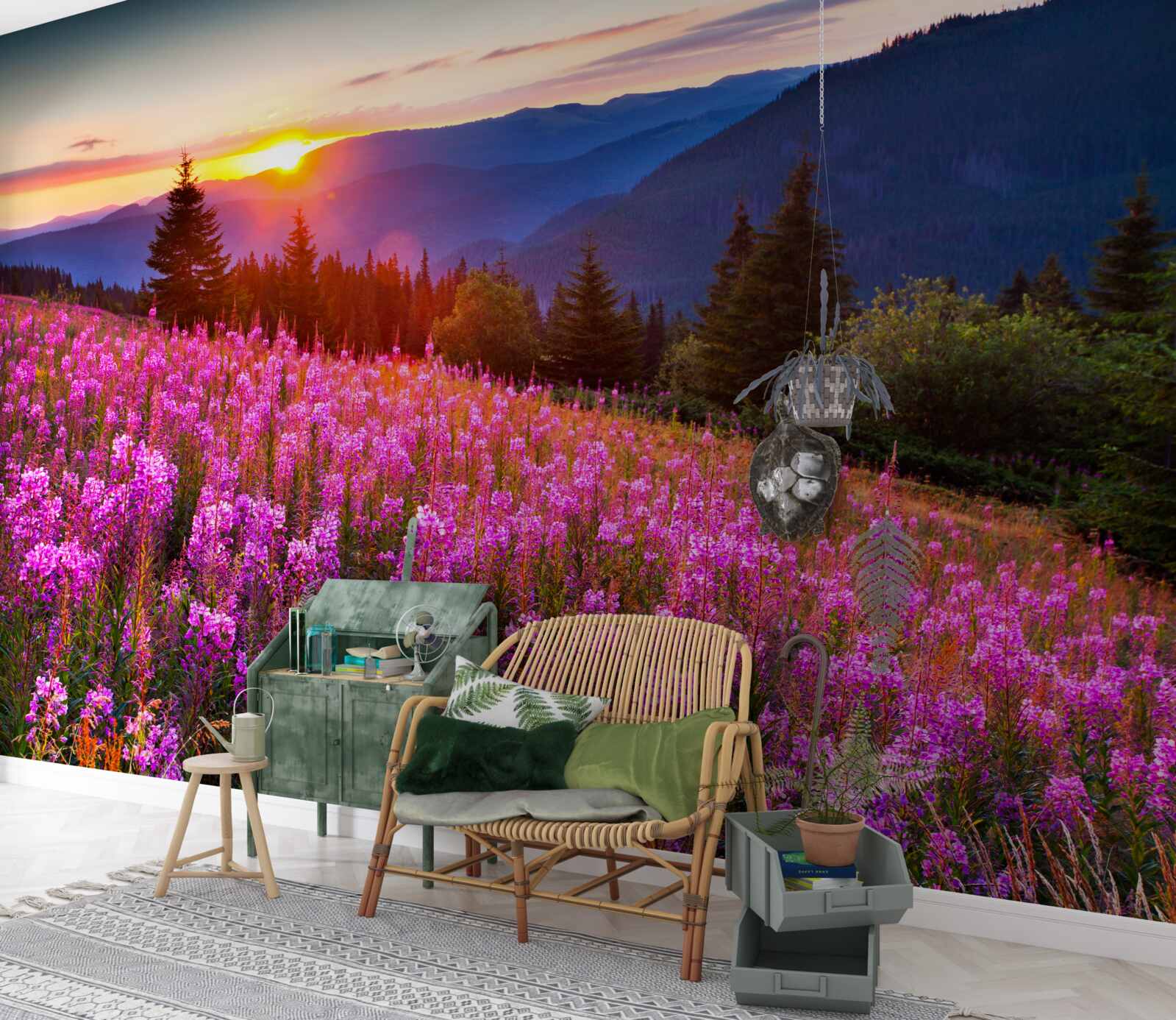 Papier peint un monastère au-dessus d'une prairie de montagne en fleurs