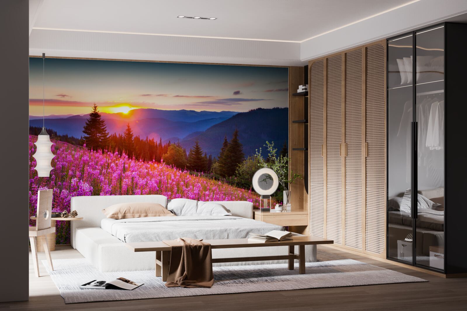 Papier peint un monastère au-dessus d'une prairie de montagne en fleurs