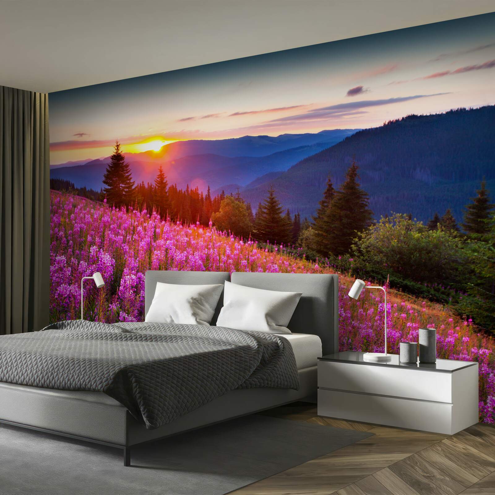 Papier peint un monastère au-dessus d'une prairie de montagne en fleurs