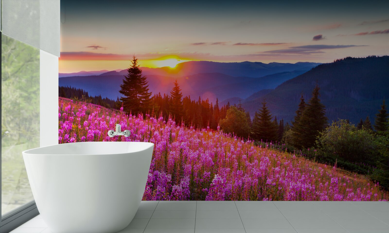 Papier peint un monastère au-dessus d'une prairie de montagne en fleurs