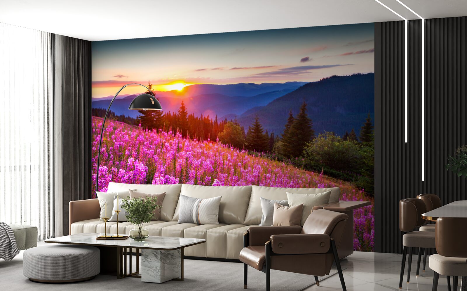 Papier peint un monastère au-dessus d'une prairie de montagne en fleurs