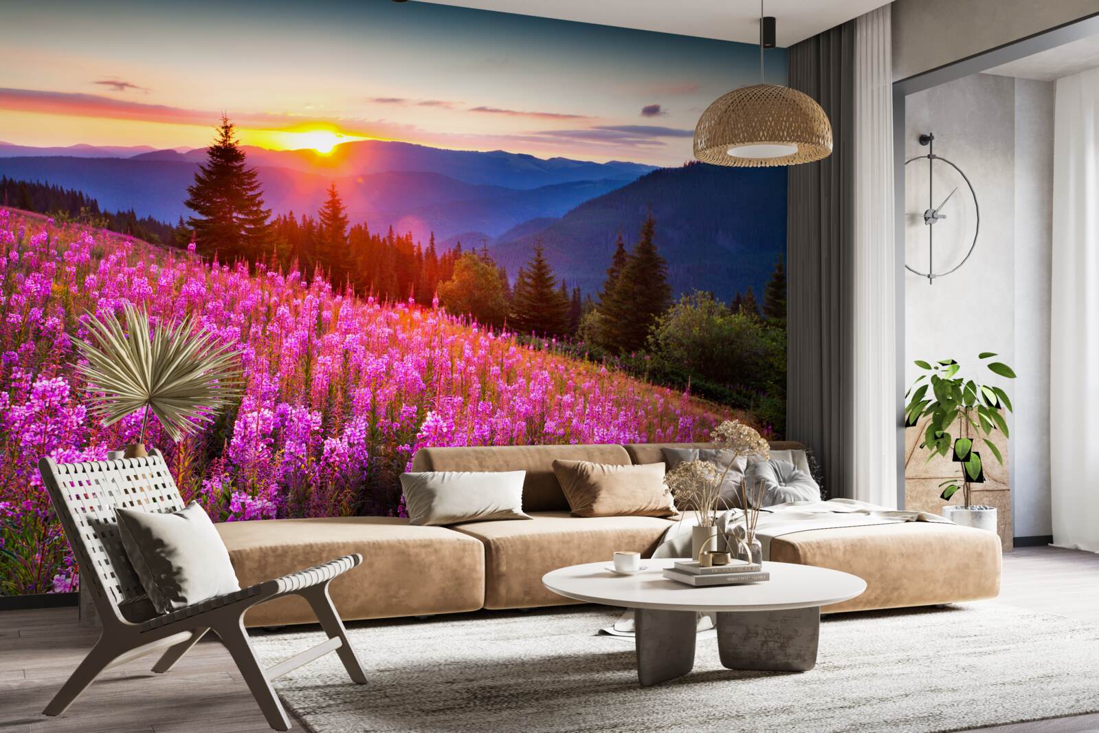 Papier peint un monastère au-dessus d'une prairie de montagne en fleurs