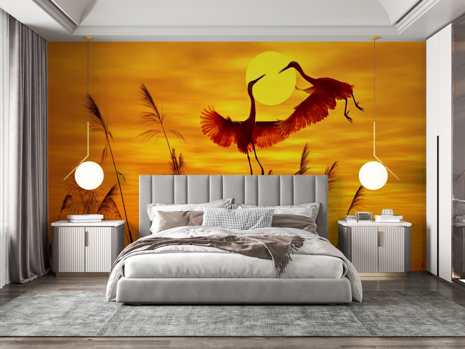 Papier peint le coucher de soleil est accompagné d'une volée de grues