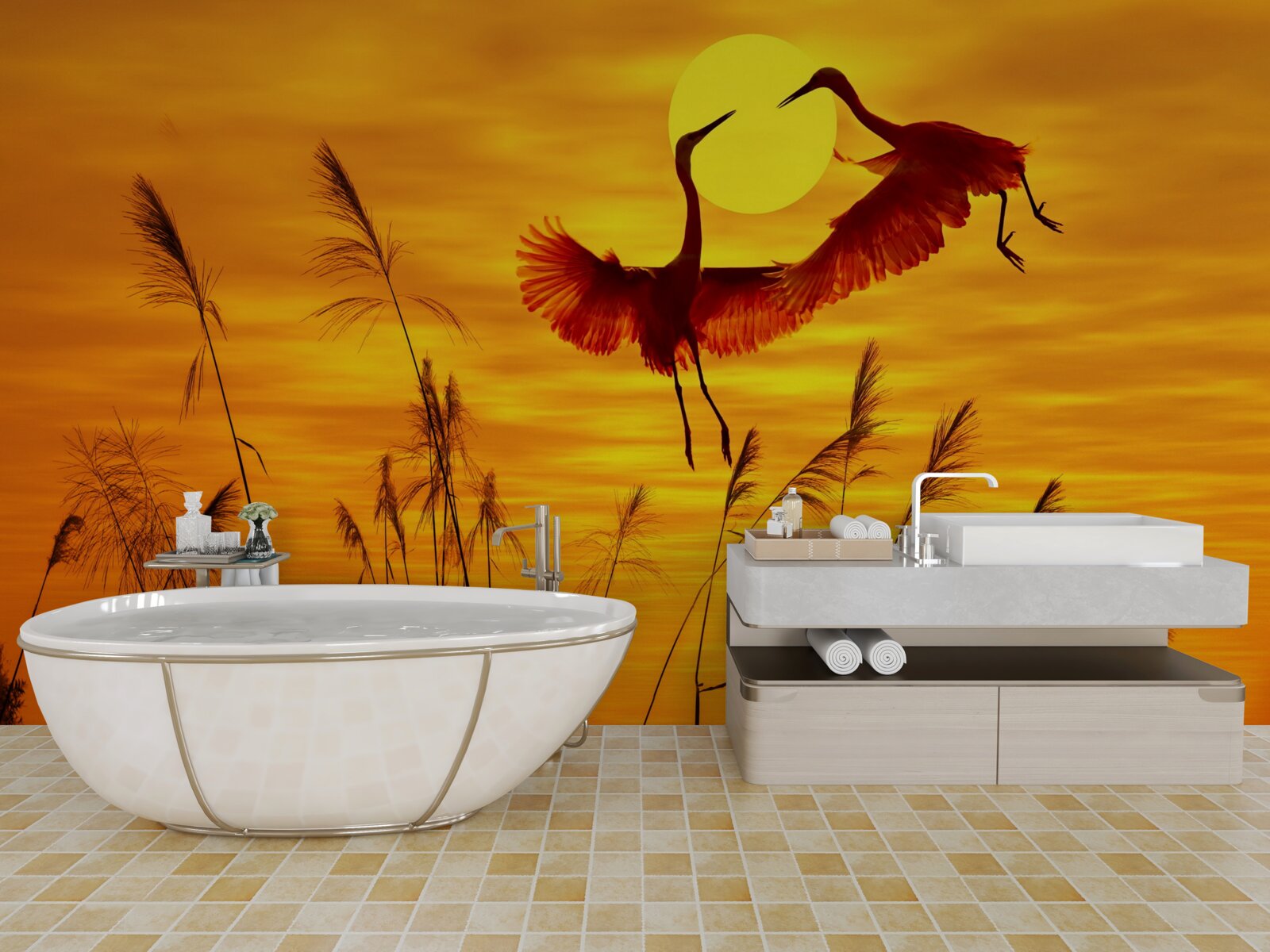 Papier peint le coucher de soleil est accompagné d'une volée de grues