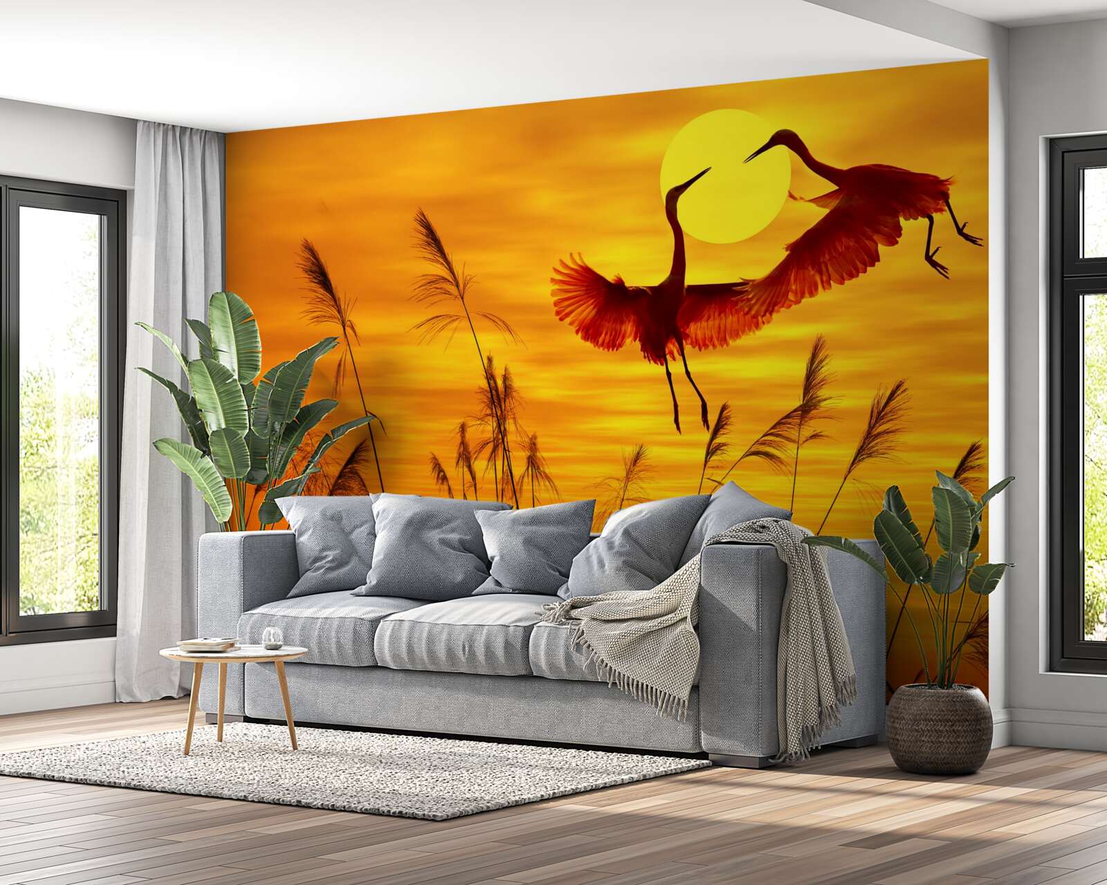 Papier peint le coucher de soleil est accompagné d'une volée de grues