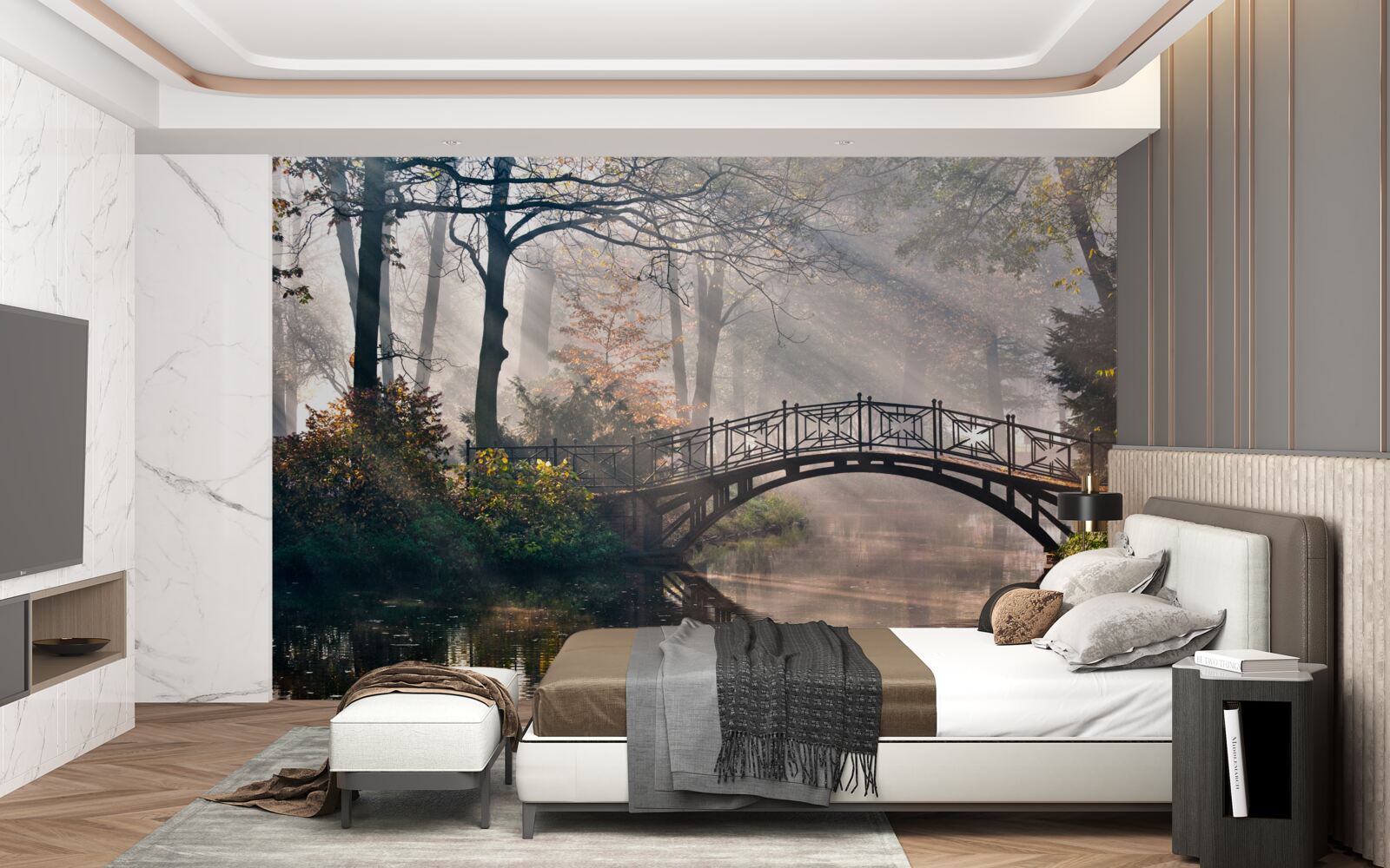 Papier peint le pont de la forêt brumeuse qui enjambe le lac est en bois
